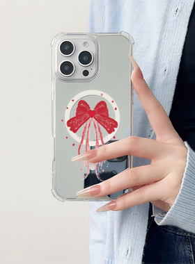 ins风红色蝴蝶结适用于苹果磁吸镜面手机壳三星GalaxyS23Plus保护小米15华为P60Pro新款Pura70Pro全包P60创意