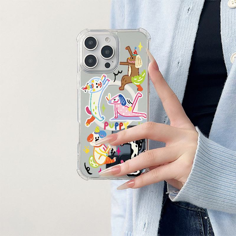 搞怪可爱瑜伽狗适用于苹果磁吸镜面手机壳三星GalaxyS23Plus保护小米15华为P60Pro新款Pura70Pro全包P60创意