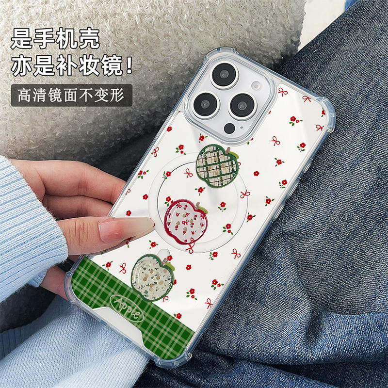 ins风绿格红花苹果适用于苹果磁吸镜面手机壳三星GalaxyS23Plus保护小米15华为P60Pro新款Pura70Pro全包P60创