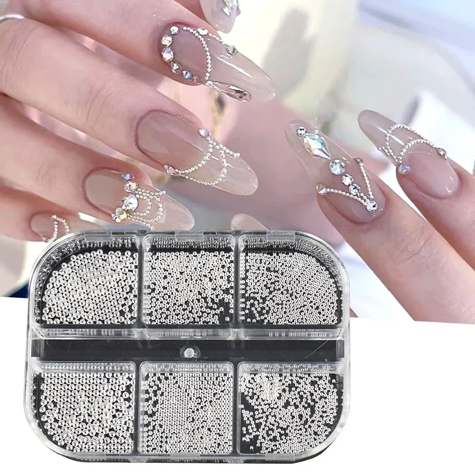 6 Grids Mini Caviar Nail Beads 0.6-2mm Silver Stainless Bead