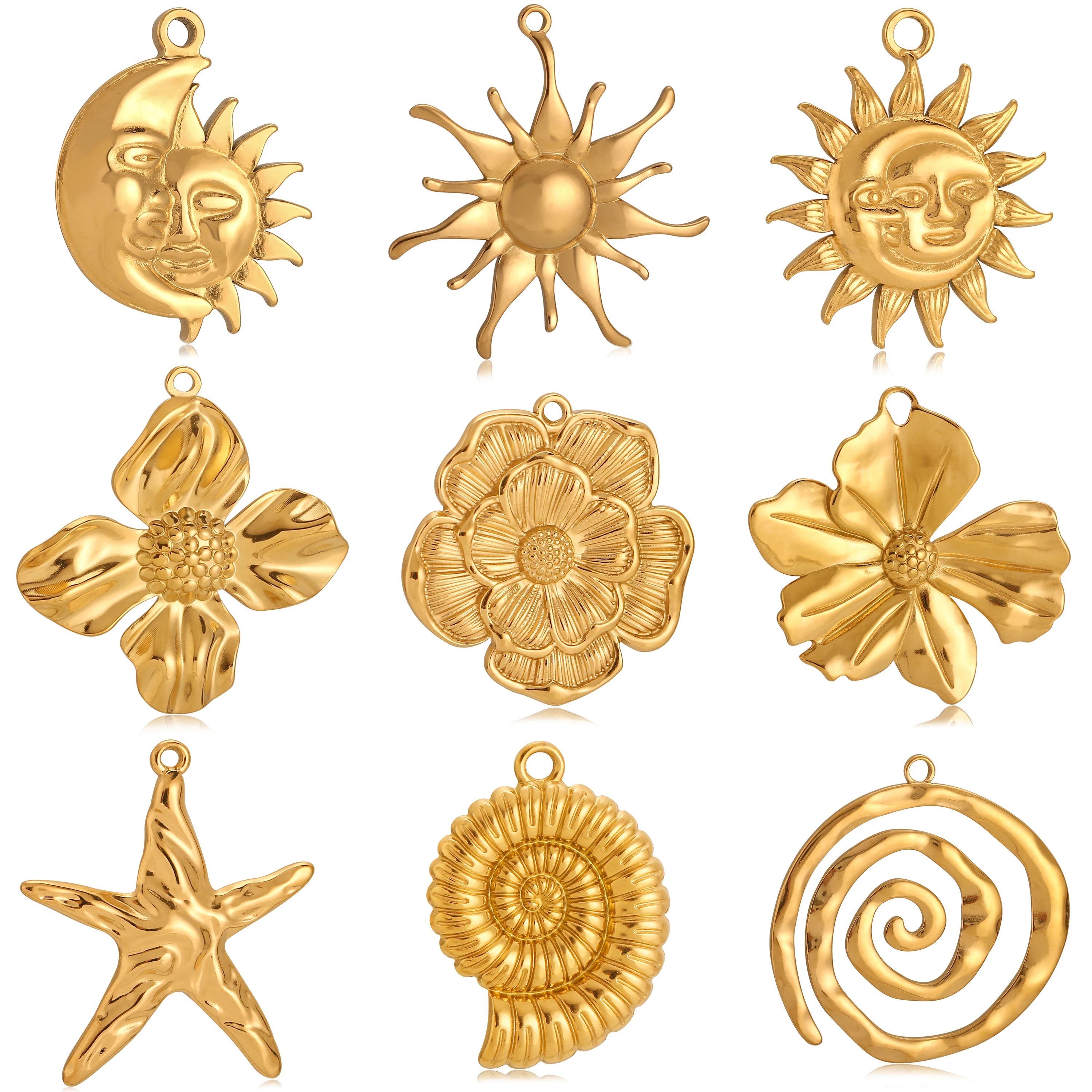 3Pcs Spiral Shell/Starfish/Conch/Sun Flower Charms Gold Colo