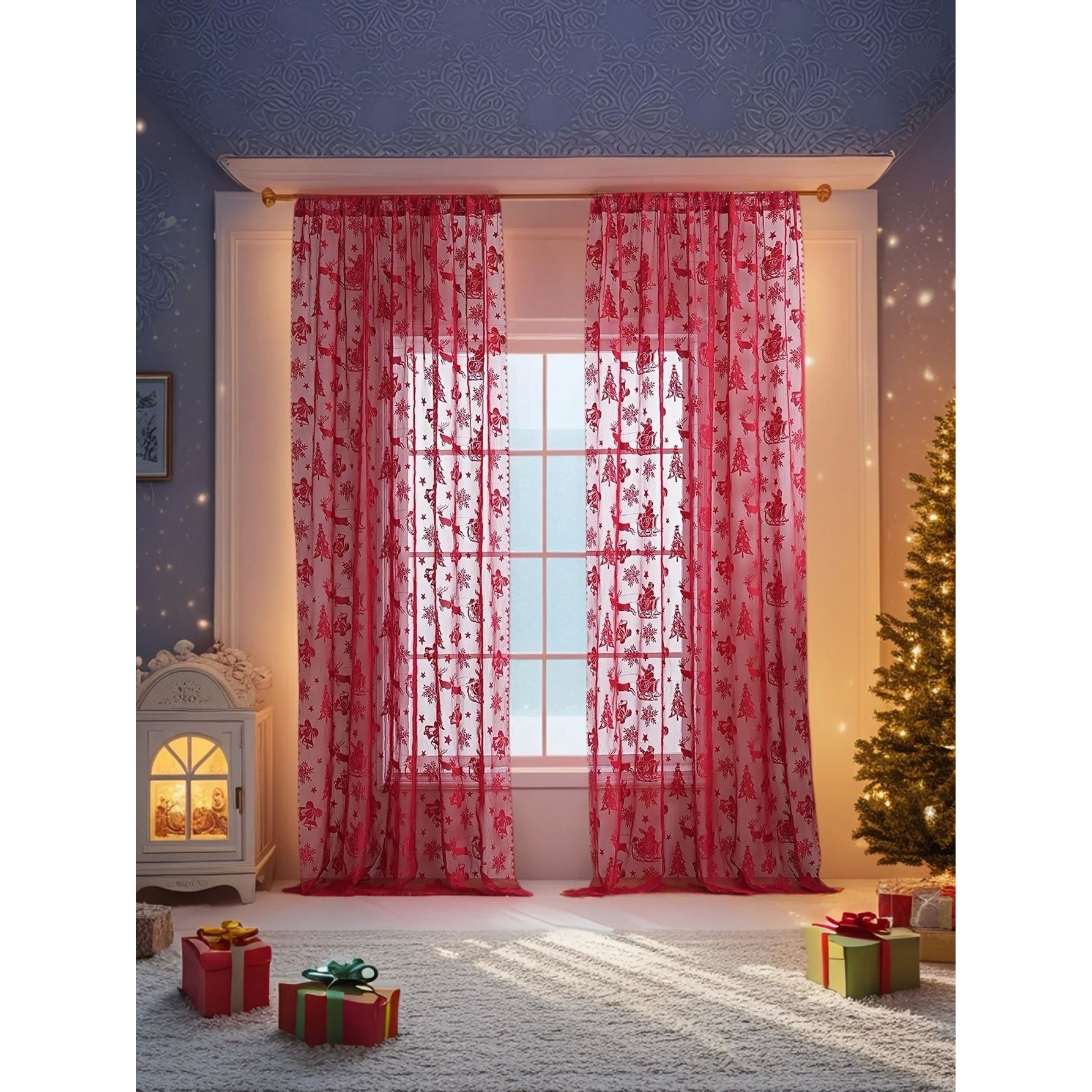 Red Lace Sleigh Santa Christmas Curta for Living Room Bedroo