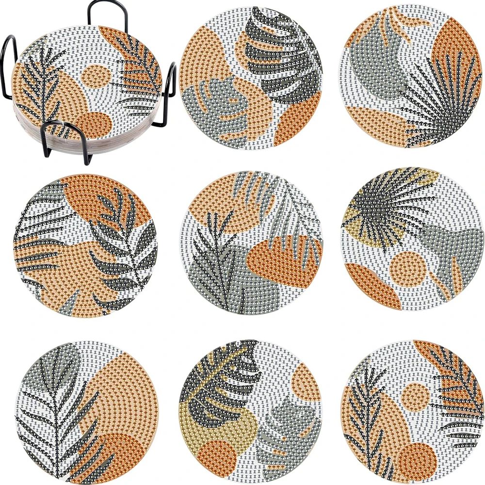 8pcs Leaves Diamond Painting Coasters with Holder DIY Leave