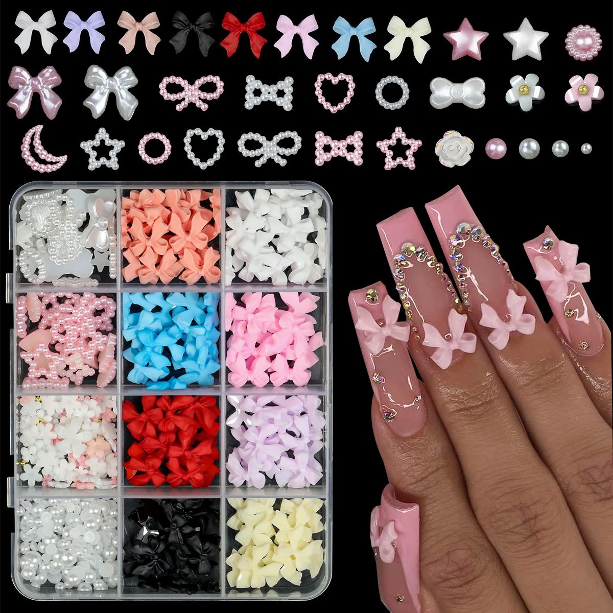 12Grids/box Mixed Resin Bowknot Nail Art Decorations 3D Acry