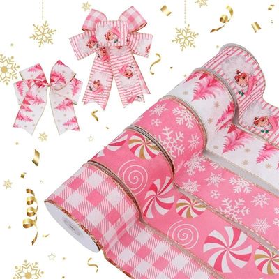 5Yards/roll Christmas Ribbon Pink Plaid Grosgrain Ribbons fo