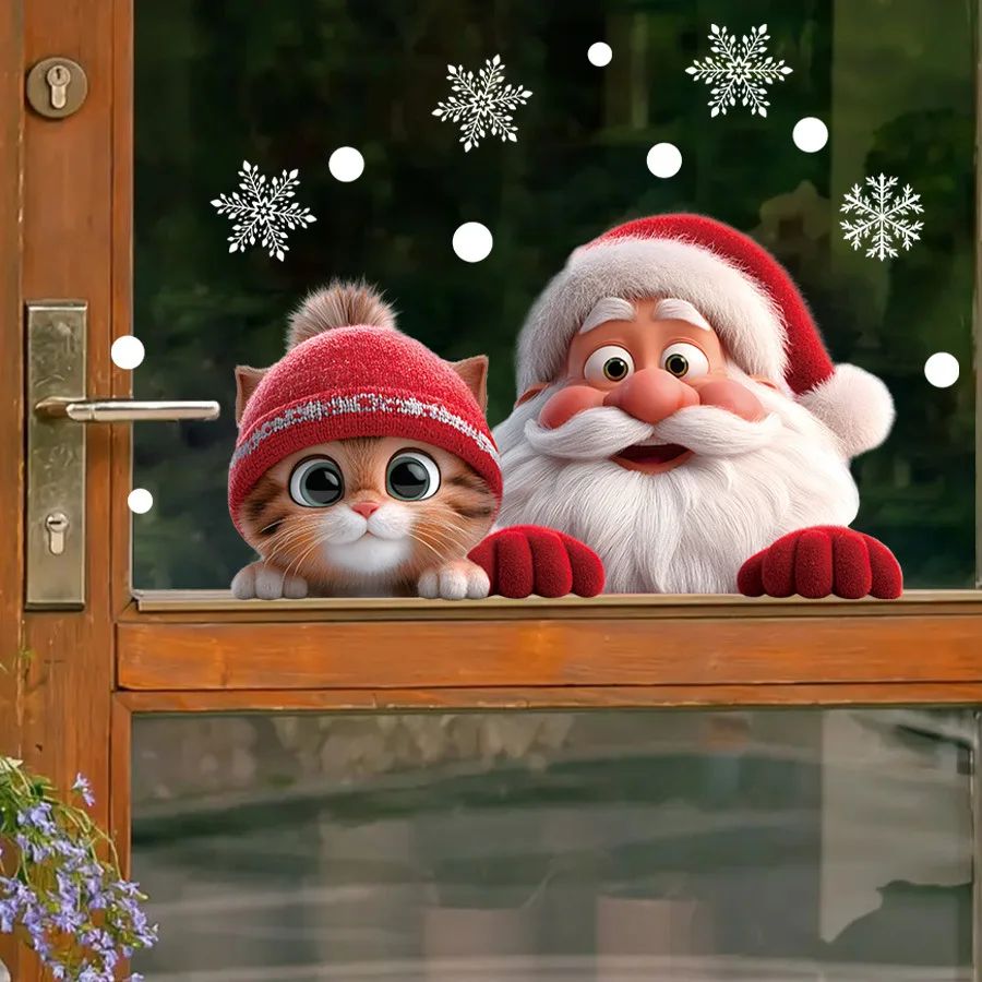 3D Cat and Santa Claus Window Stickers Static Cling Christma