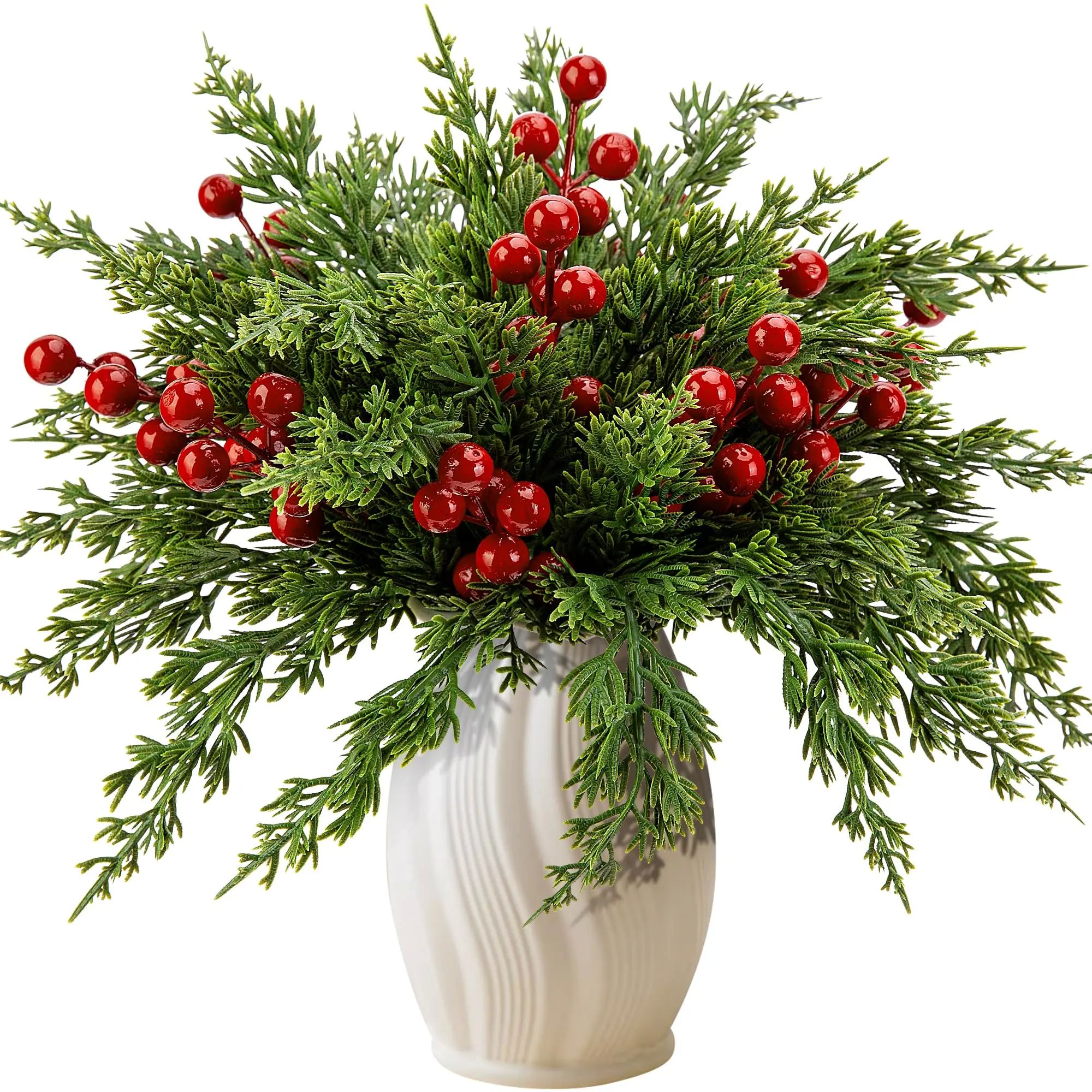 30pcs Artificial Pine Branches with Red Berry Stems Faux Eve
