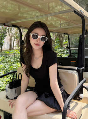 RUBBIT夏季新品 极简气质风大U领短袖T恤 修身显瘦天丝羊毛上衣女