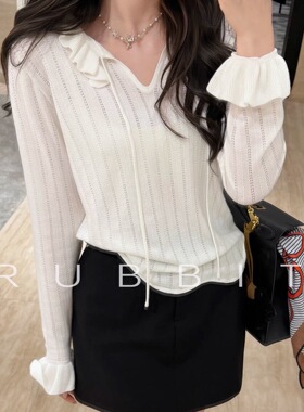 RUBBIT没法抵抗~法式小香花瓣领针织打底衫 氛围感两面穿羊毛上衣