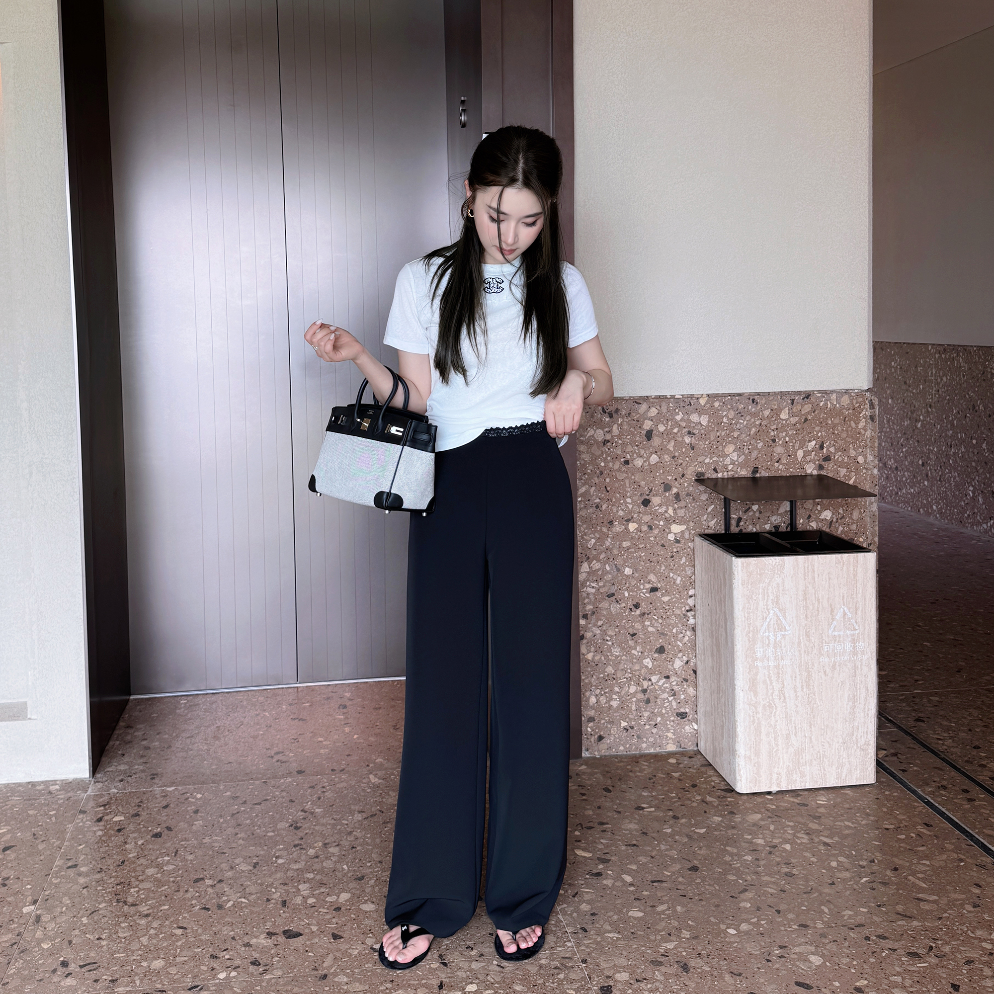 RUBBIT夏季新品 蕾丝腰边休闲裤 冰感抗皱垂感醋酸长裤女百搭显瘦