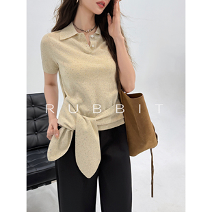 短袖 RUBBIT bling翻领针织绑带蝴蝶结 柔软有型 Polo上衣 CHIC
