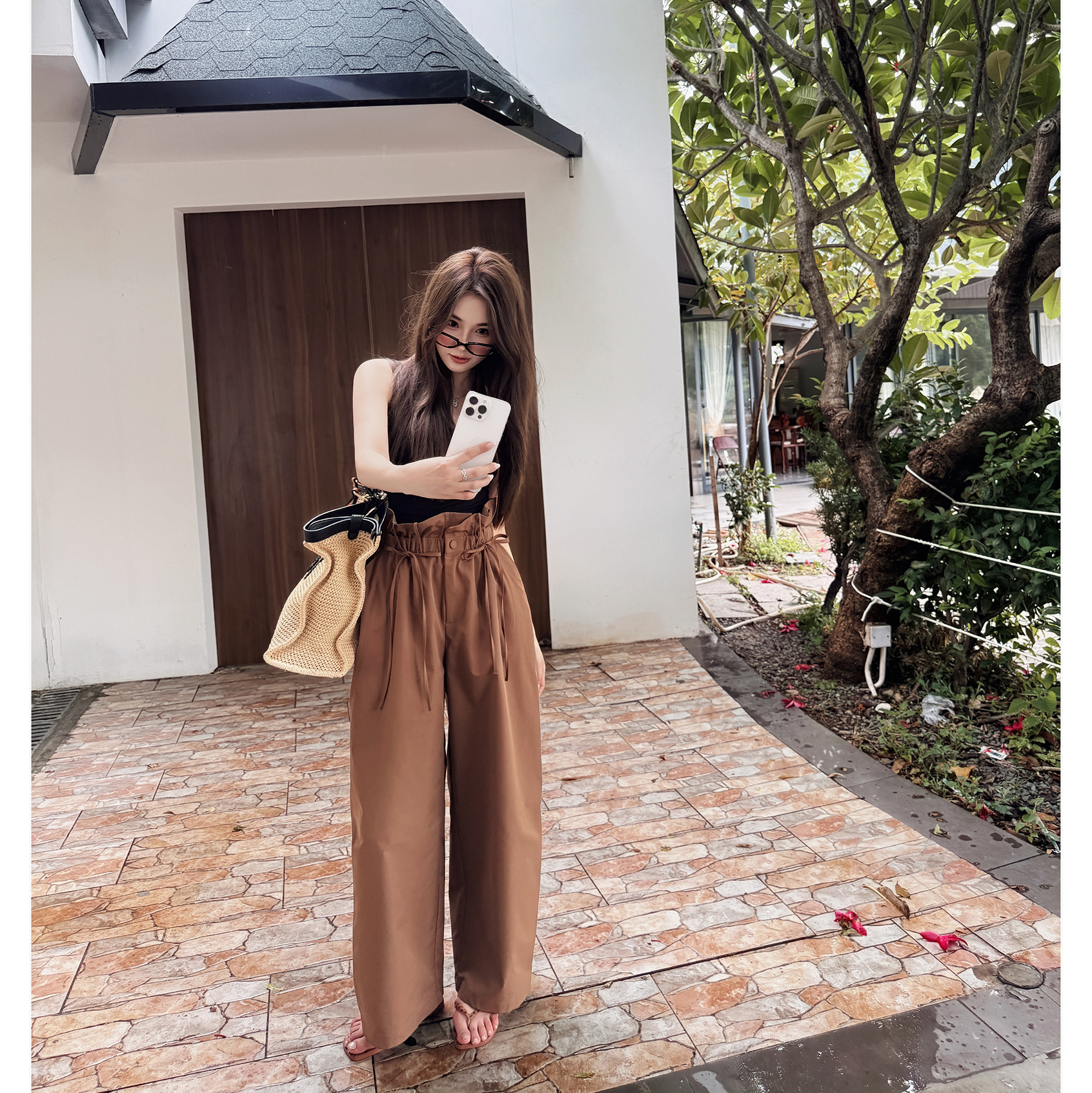 RUBBIT夏日新品 买手合作款 松弛感花瓣收腰休闲裤宽松松紧腰长裤