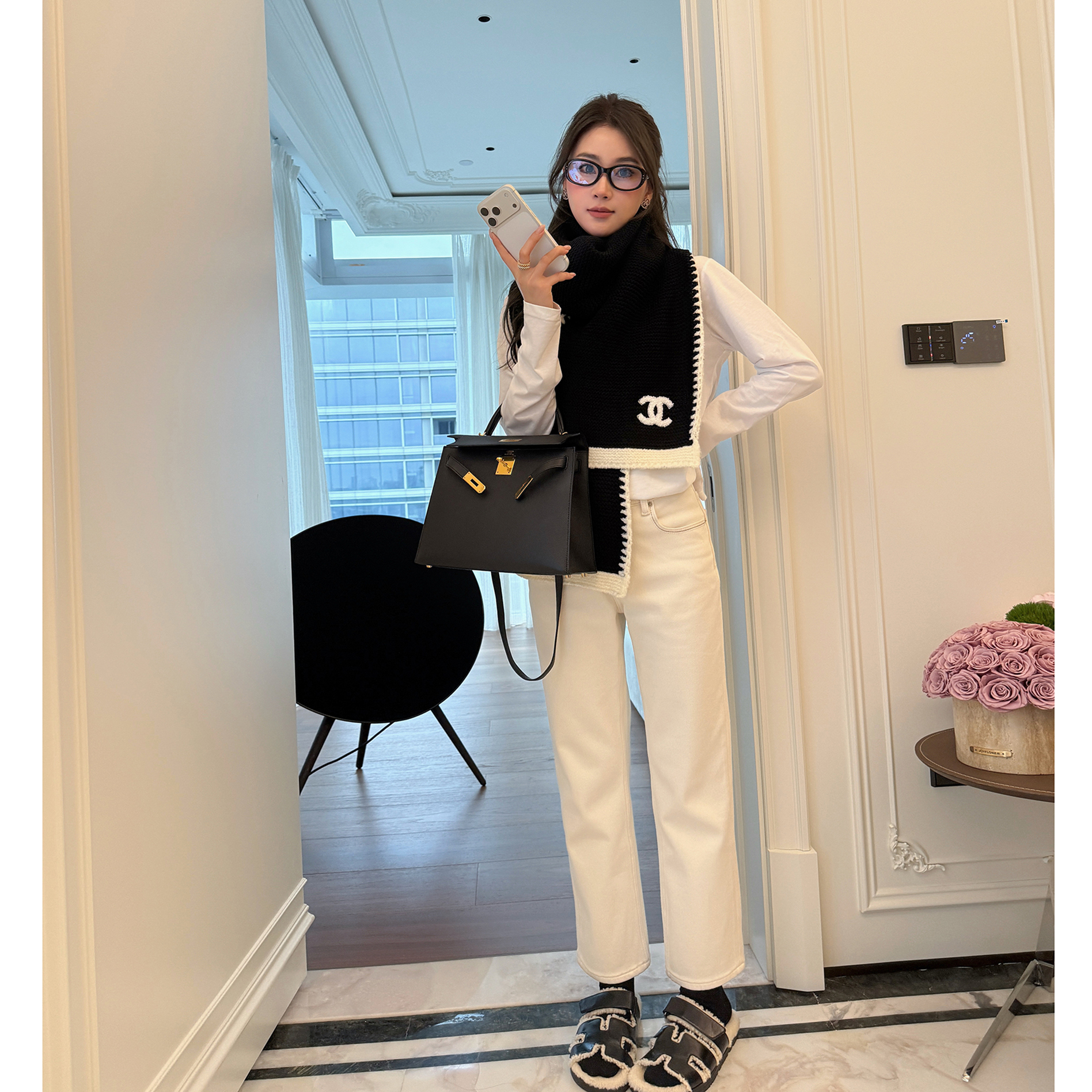 腿模！筷子腿高腰九分磨毛牛仔裤