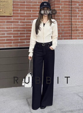 RUBBIT CHIC  原色牛仔 高腰宽松直筒磨毛牛仔裤