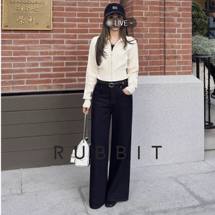 高腰宽松直筒磨毛牛仔裤 原色牛仔 CHIC RUBBIT