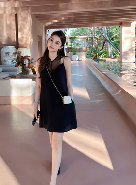 RUBBIT夏季新品 赫本风吊带小黑裙 轻奢有层次感A字假两件连衣裙