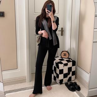 松紧细腿翘臀长裤 RUBBIT超推荐 收腰上衣 套装 醋酸纸片人七分袖