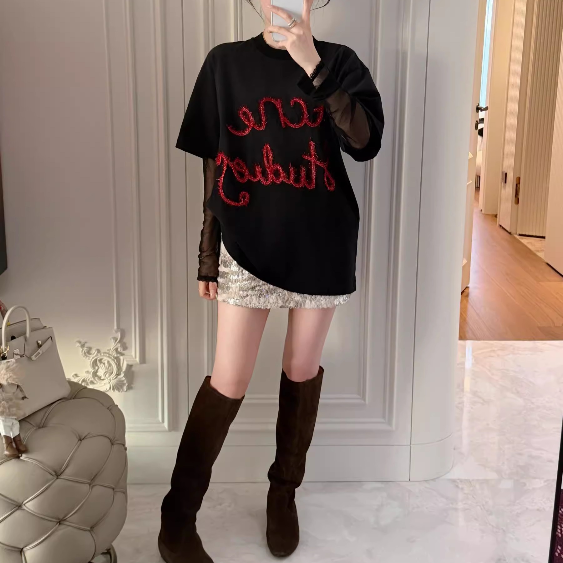 RUBBIIT原创‘唯美星河’重磅高密立体软亮片半裙 西装内短裤裙裤