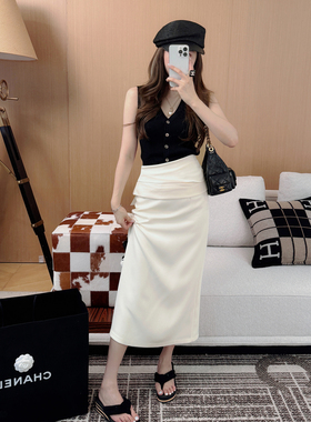 RUBBIT 高级感超好看法式中长款半身裙 高腰显瘦有垂感醋酸长裙