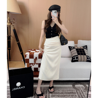 RUBBIT 高级感超好看法式中长款半身裙 高腰显瘦有垂感醋酸长裙