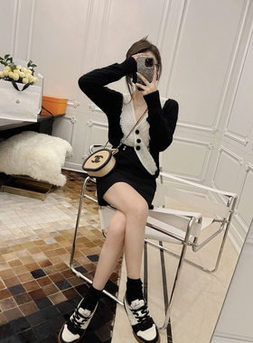 RUBBIT 节日氛围感精致手工钩花黑白撞色针织开衫显瘦V领毛衣女