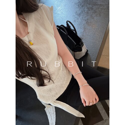 RUBBIT原创 兔兔自留‘这件有点好看’ 烫钻绑带亚麻棉薄针织短袖