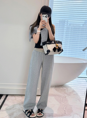 RUBBIT宝藏阔腿卫裤 宽松休闲运动直筒裤 显瘦抽绳松紧腰垂感长裤