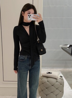 RUBBIT气质担当 飘带V领收腰上衣 小众设计感 法式氛围感长袖T恤