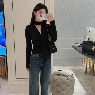 氛围感长袖 RUBBIT气质担当 法式 小众设计感 T恤 飘带V领收腰上衣