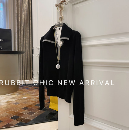 RUBBIT秋冬新品 法式大翻领半拉链针织衫 美丽诺羊毛休闲V领毛衣