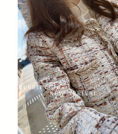 RUBBIT秋冬新品 复古高级感羊毛粗花呢羽绒服 气质小香风外套女