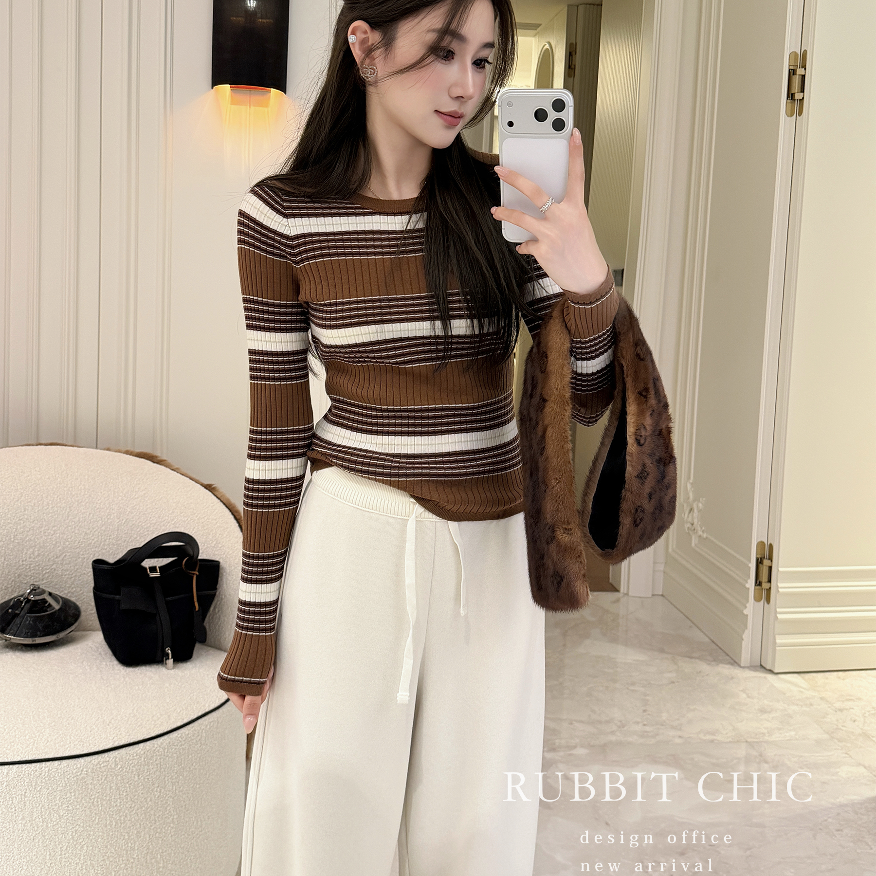 RUBBIT买手店合作款 氛围感十足条纹针织衫 100羊毛显瘦长袖上衣