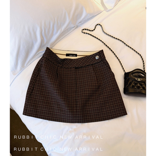RUBBIT高腰翘臀小A字小包臀显瘦半裙  显白暗红格纹西装短裙裤