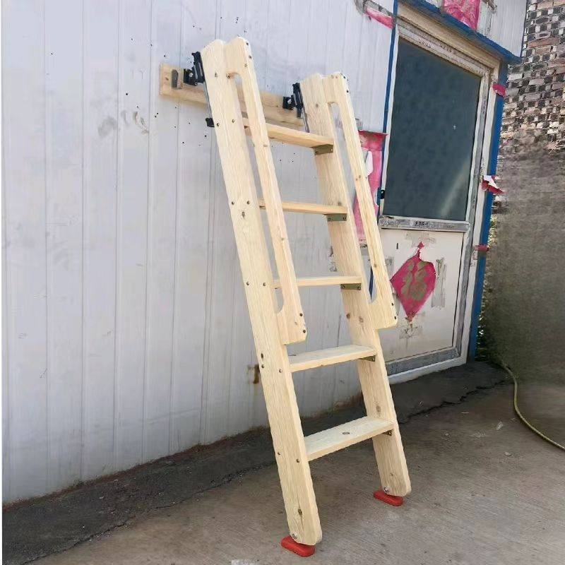 家用实木带扶手梯子垂直收纳梯贴墙隐形木梯阁楼伸缩梯子登高木梯