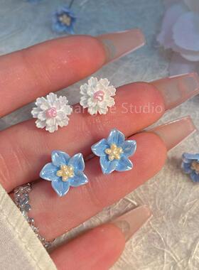 ChangGe Studio 2025夏新款蓝色山茶花耳钉女ins潮韩版气质甜美少