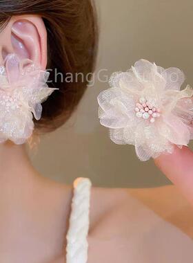 ChangGe Studio 耳环温柔耳饰粉色超仙花朵雪纺适合春天网纱耳钉2