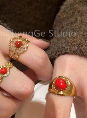ChangGe Studio 红色花边开口戒指女轻奢高级感食指戒复古时尚个