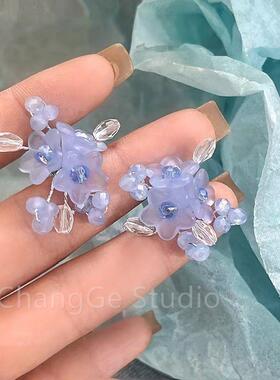 ChangGe Studio 夏日的奶蓝~超仙甜美小清新耳饰baby蓝色串珠花朵