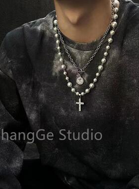 ChangGe Studio 嘻哈镶钻十字架珍珠项链男女潮个性朋克欧美网红