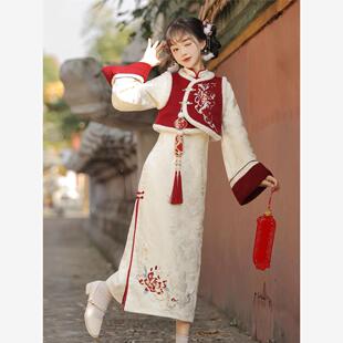 原创春晓汉服女中国风改良汉元素马甲旗袍两件套装春节秋冬贺岁服