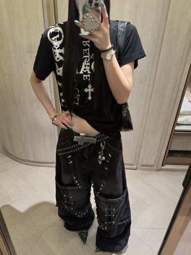 黑暗高街解构铆钉拼接水洗工装裤