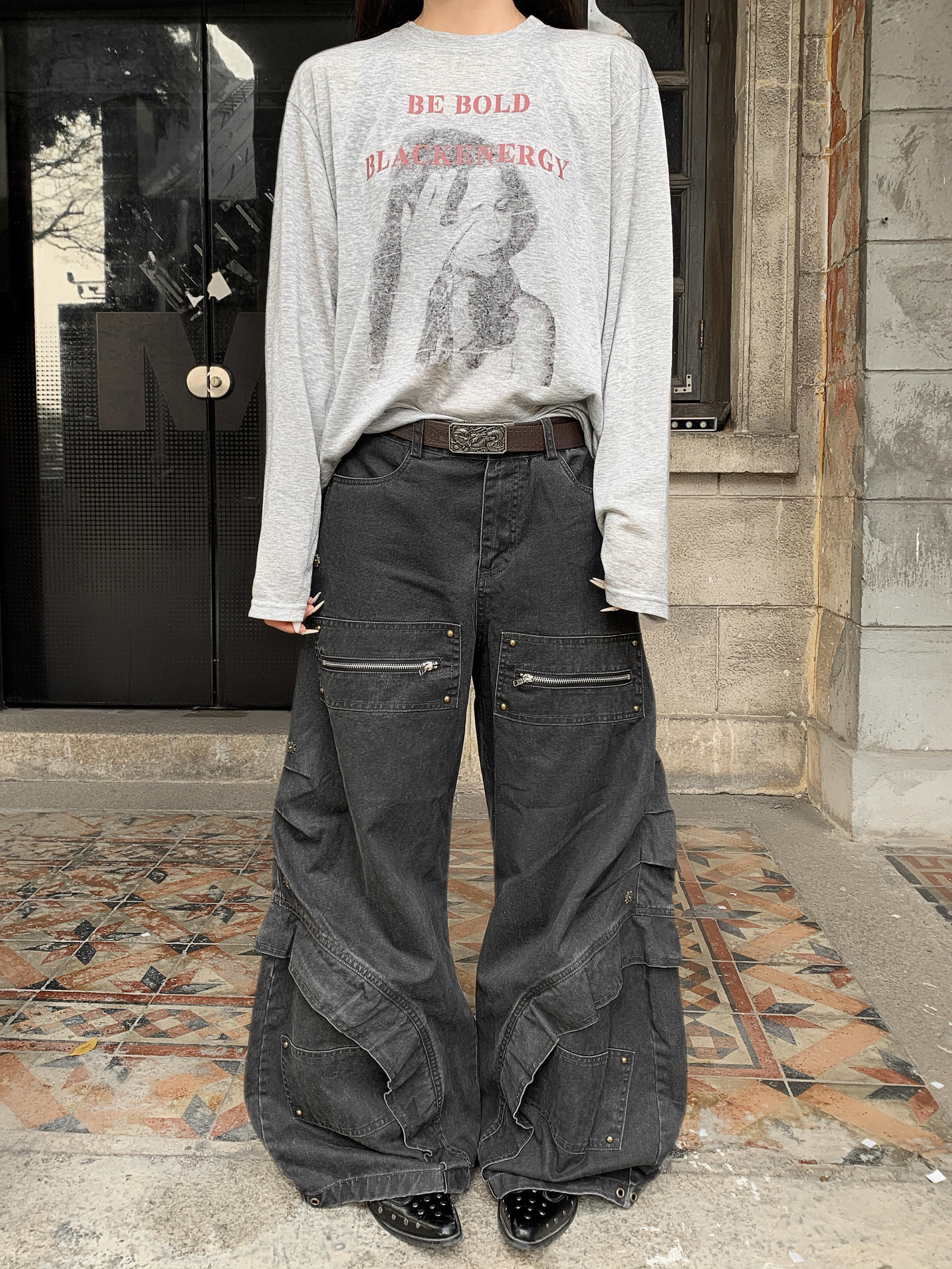 「Ueshima」拉链设计立体裁剪拼接重磅牛仔裤男宽松弯刀牛仔裤男,男装,牛仔裤,淘宝优惠券,粉丝福利购,淘宝优惠卷