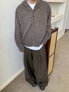 Uekk 春秋灰色连帽毛衣开衫复古套头针织衫慵懒风宽松休闲外套男