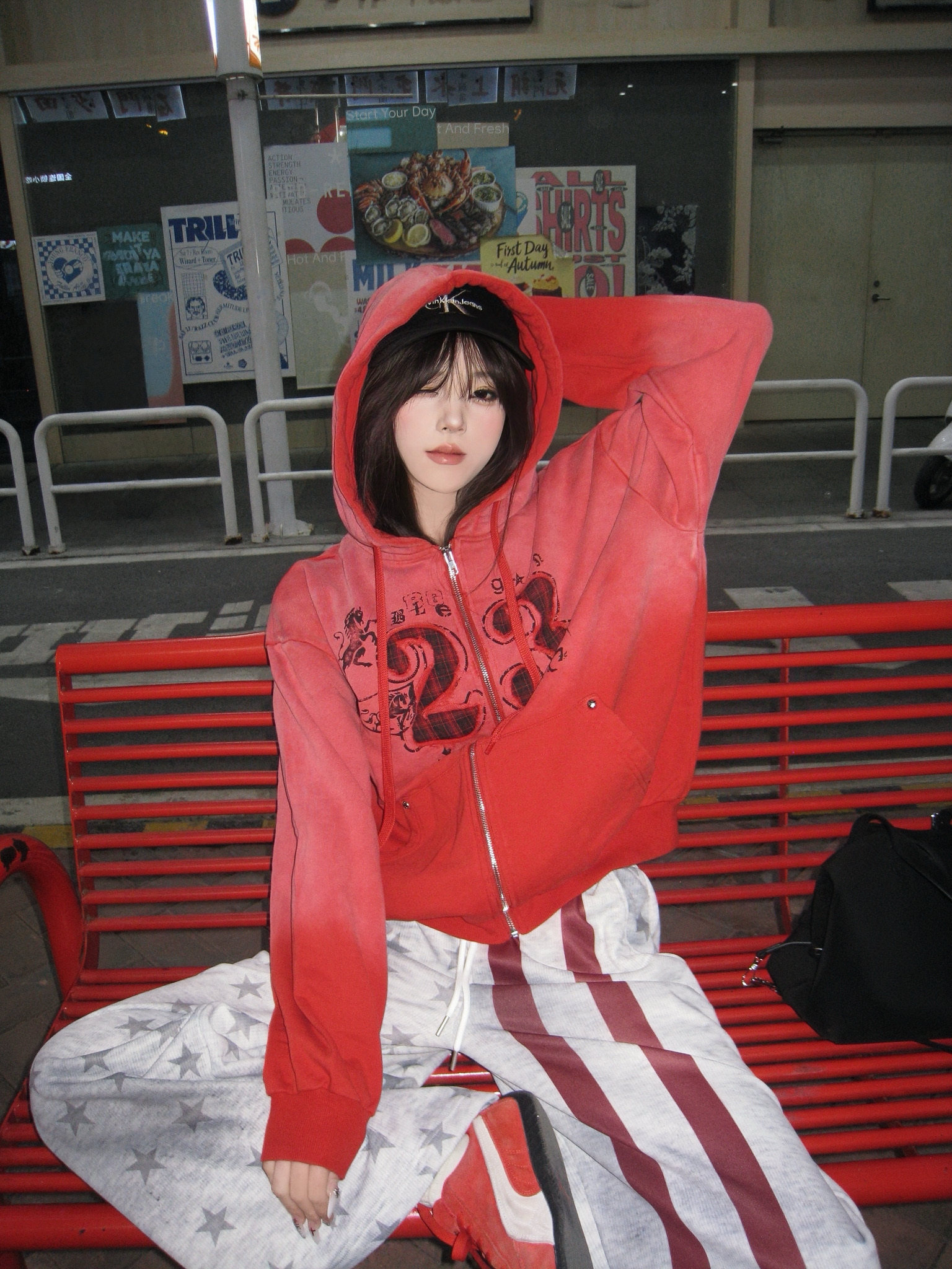 「Ueshima」水洗做旧渐变刺绣格子撞色宽松短款连帽卫衣外套男女