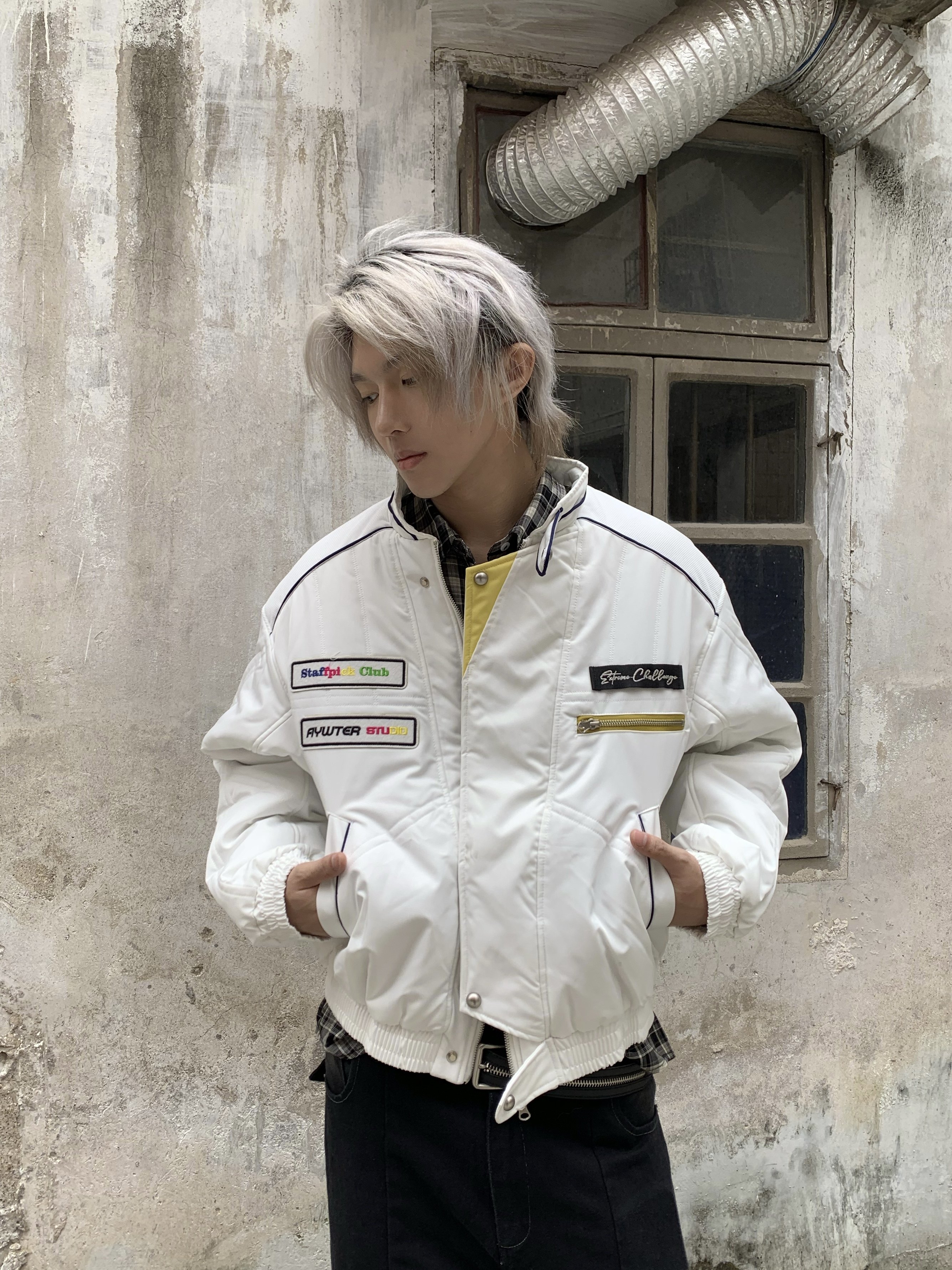 「Ueshima」白色机警感夹克棉服冬季百搭宽松休闲短款棉衣外套男