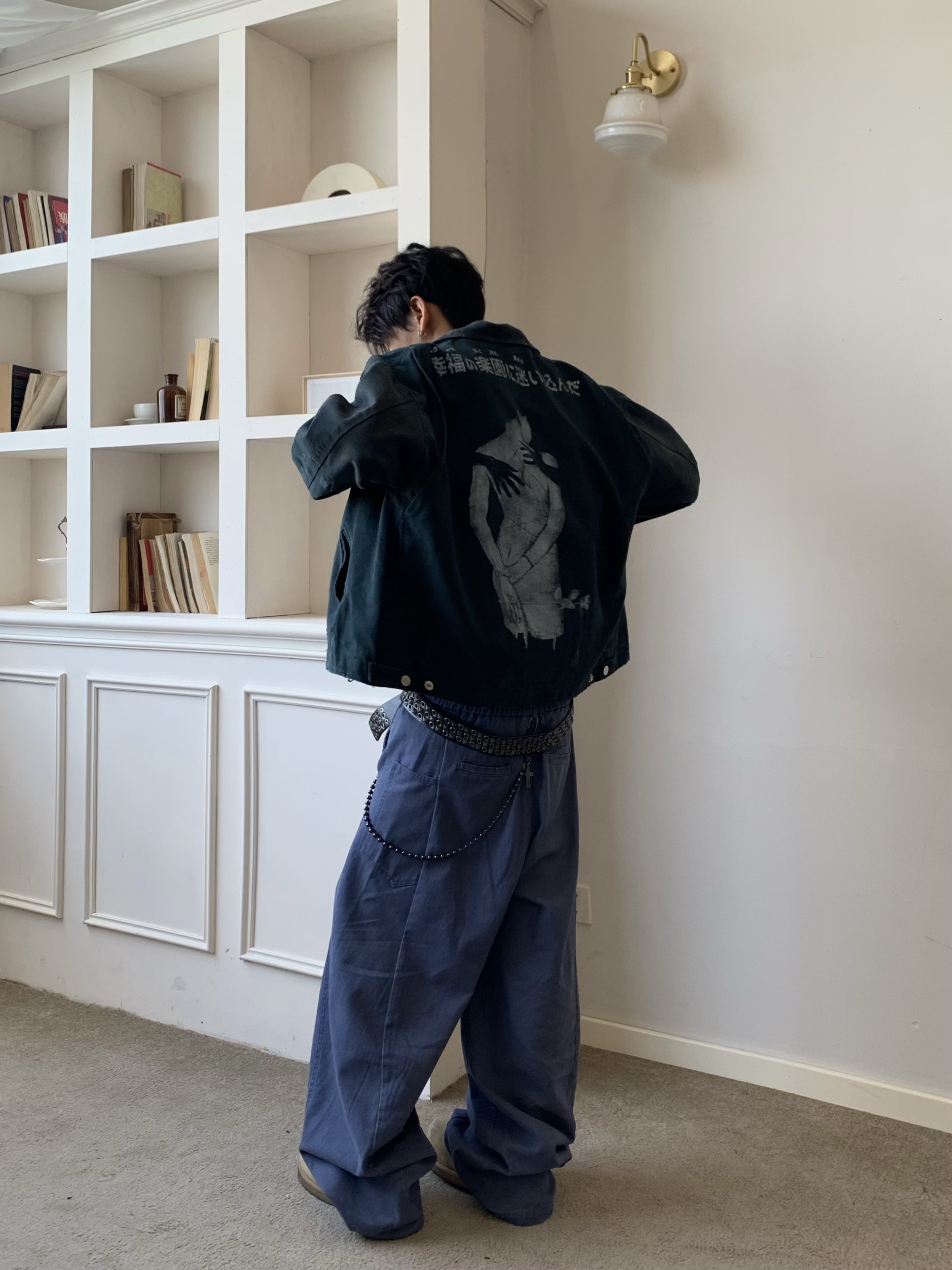 Uekk春秋复古抽象人像印花夹克