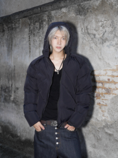 「Ueshima」放射线设计感排骨斜拉链解连帽棉服加厚保暖外套男