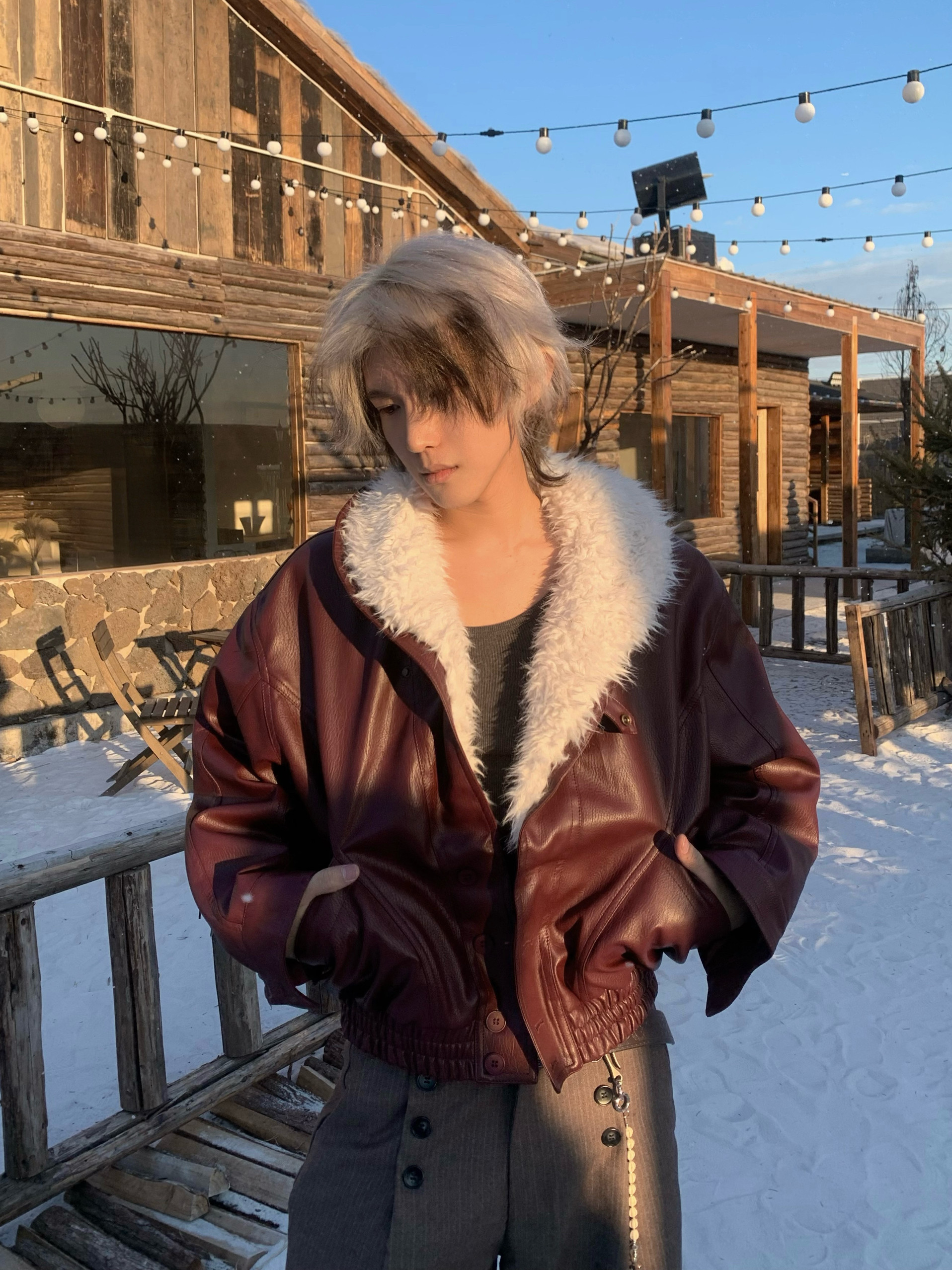 毛领撞色翻领pu皮皮衣保暖棉服男
