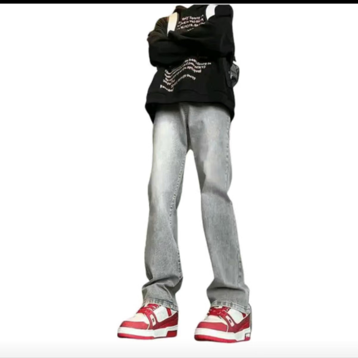 美式筒阔腿微喇中腰水洗做旧牛仔长裤潮流休闲长裤