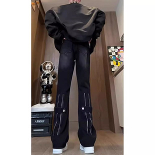 FRQPNK023 F21 装 饰结构后开拉链无弹力中腰拼接直筒